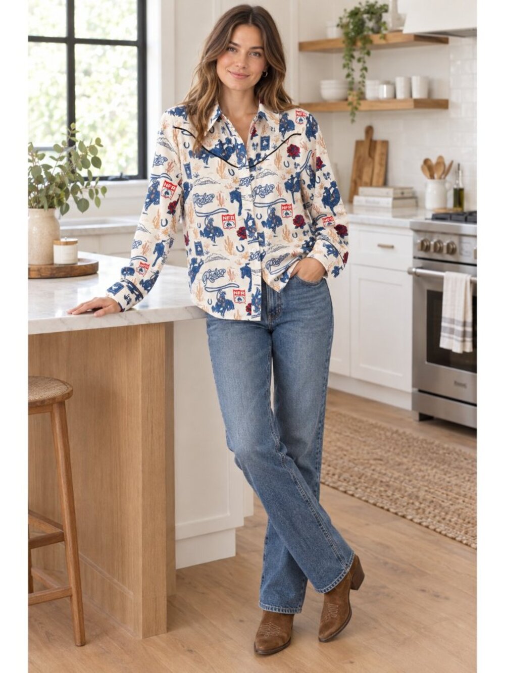 Rodeo Cowgirl Western Yoke Button-Up Shirt Long Sleeve Dress Shirt Southern Top